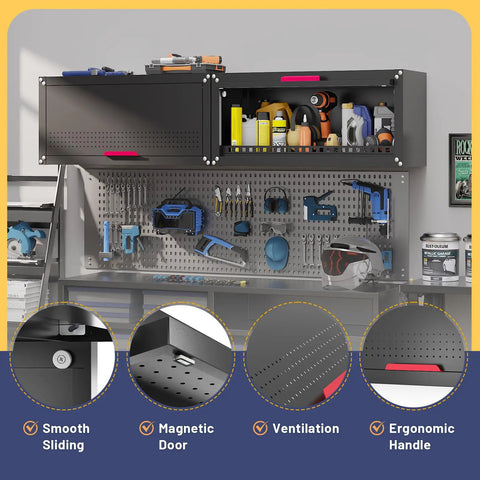 Sturdy 31.5 Inch Metal Wall Cabinet For Garage With Up Flip Door And Handle, wall-mounted black steel tool cabinet with open storage
