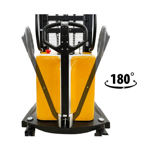 Heavy Duty Semi Electric Wide Leg Pallet Stacker With 3307 Pound Load Capacity And 78 Inch Lift Height featuring control handle and battery.