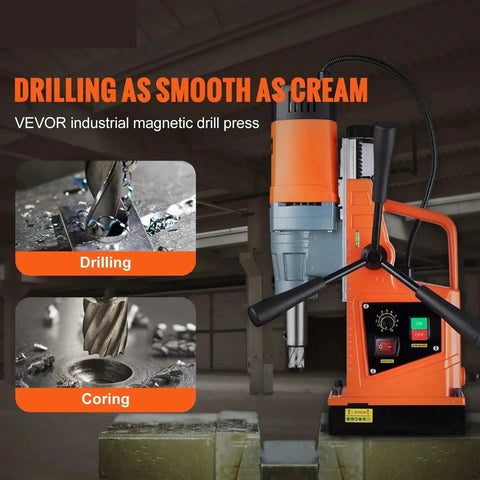 Heavy Duty 1550W Magnetic Drill Press With Two Inch Boring Diameter And Thirteen Thousand Newton Holding Force. Portable Variable Speed Electric Drilling Machine optimized for precise drilling and coring on metal.