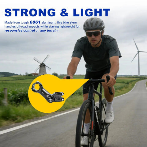 Cyclist using Adjustable Bike Stem 31.8mm Clamp With 100mm Or 120mm Length And 60 Degree Riser on country road