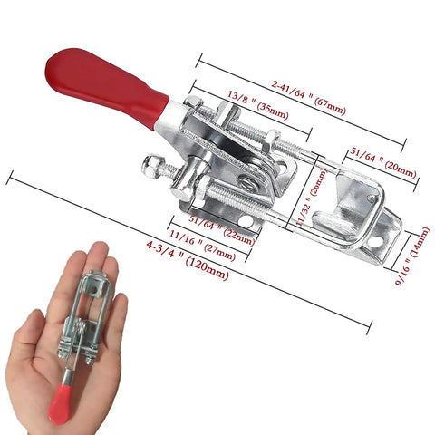 Silver Toggle Latch Clamp Set, U Bolt Toggle Latches, 360 Lb Holding Capacity, adjustable latch with dimensions and red handle