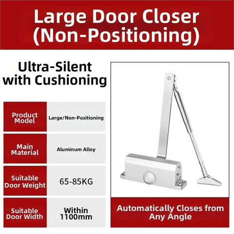 Heavy Duty 25 to 85Kg Door Closer With Adjustable Speed Quiet Soft Close Hydraulic Buffer, Aluminum Alloy Silver Finish