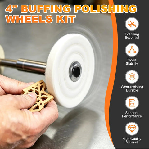 Pro Grade 4 Inch Metal Buffing And Polishing Kit for Drill in use with white wheel polishing wood piece