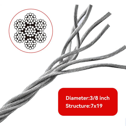 Beefy Heavy Duty Tow Cable With 2 Pick Thimble Eyes, 3/8 Inch 7x19 Steel Cable, 13980 Lbs Breaking Strength, steel strands detail