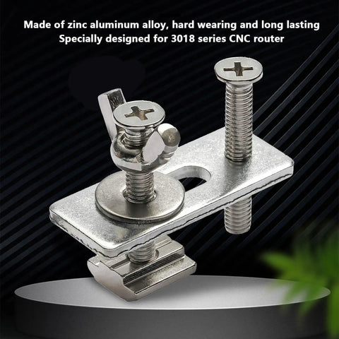 Close-up of Heavy Duty T Slot Hold Down Clamp Made From Sturdy Zinc Aluminum Alloy For 3018 CNC Router components with screws.