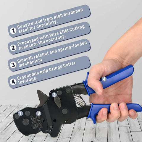 Person holding Ratchet PEX Cinch Tool with ergonomic grip and spring-loaded mechanism, showing construction features and materials.