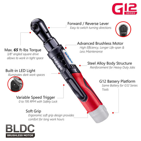12V Cordless Brushless Ratchet Wrench 3 Eighths Inch Head 65 Ft Lbs Torque LED Work Light Built For Tight Spaces diagram.