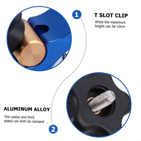 Close-up of Heavy Duty Track Hold Down Clamp for Woodworking and Carpentry, showing T-slot clip and aluminum alloy components.