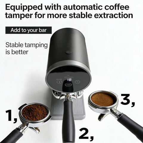 58mm Automatic Espresso Coffee Tamper With Adjustable Height And Custom Pressure Control shown over coffee grounds for stable extraction.