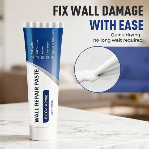 Fast Dry Wall Repair Paste for Holes and Cracks, 260g Mending Putty, tube and application close-up, quick-set and sandable