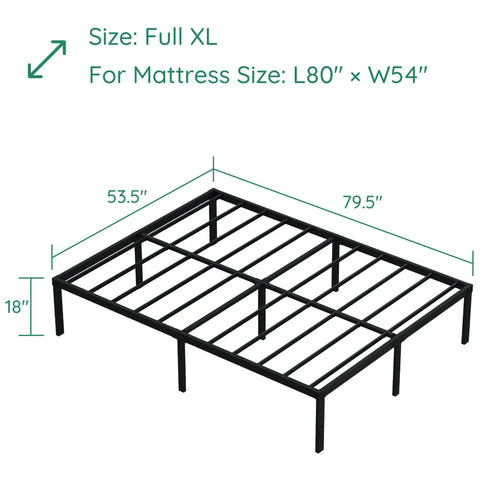 Heavy Duty 18 Inch Full XL Metal Bed Frame Zero Flex Rock Solid Steel Platform Base shown with dimensions highlighted.