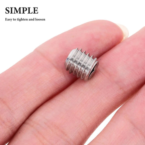 Stainless Steel Set Screw Kit With Internal Hex Drive And Recessed End Positioning 240 Piece Grub Screws shown on fingertip