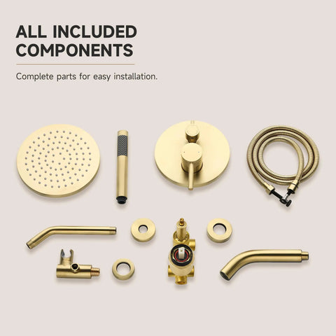 Totally Fire Premium All Metal Shower Faucet Set With Warm Gold Tone Eight Inch Rain Showerhead Curved Tub Spout Rust Proof Bathroom Hardware Upgrade components for installation.