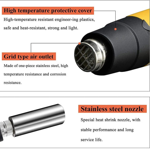 Close-up of Portable Bottle Cap Sealer With Nine Adjustable Heat Settings showing stainless steel nozzle and grid air outlet.