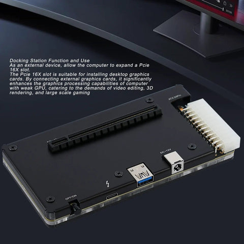 Make Your Laptop A Total Game Changer With This Tough Aluminum Alloy Egpu Dock Pcie X16 Slot And Usb4 Cable For Absolutely Sick Desktop Graphics Power On Demand Today. Image of aluminum eGPU dock showing PCIe x16 slot and USB ports.