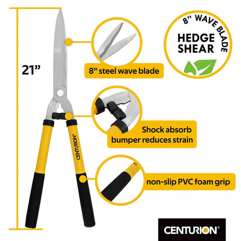 Three Piece Lopper Hedge Shear And Pruner Combo Set with 21-inch steel wave blade and non-slip PVC foam grip, labeled features.