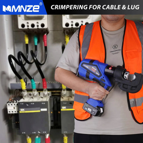 Heavy Hitter Rechargeable Electric Hydraulic Cable Lug Crimper Packs 12 Ton Punch for quick crimping in use by technician