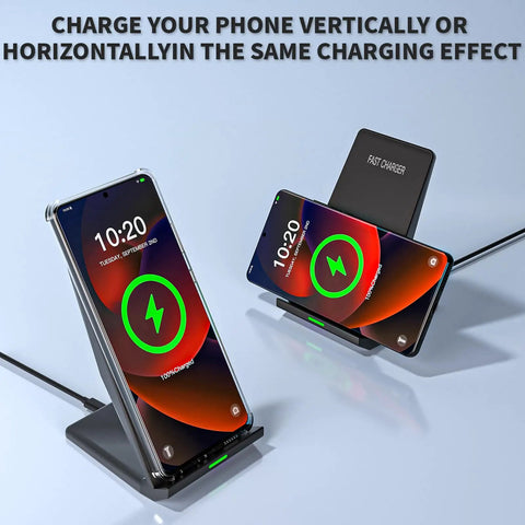 Blazing Fast 15W Wireless Charger Stand With 20W USB C Adapter for iPhone on desk, vertical and horizontal charging view