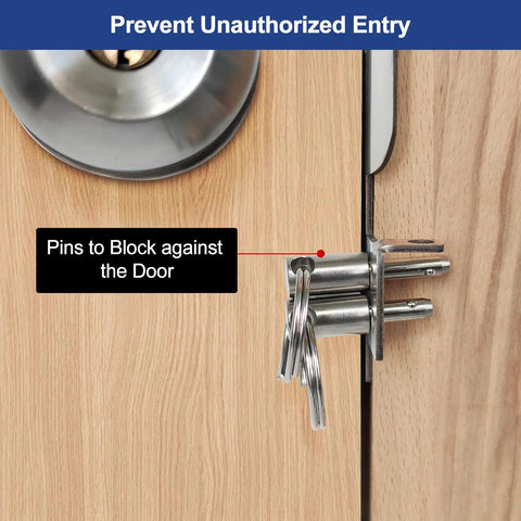 Heavy Duty Security Strike Plate With Integrated Anti Kick Barricade Pins For Badass Front Door Reinforcement And Double Layer Home Protection That Locks Everything Down Tight showing pins blocking against the door.