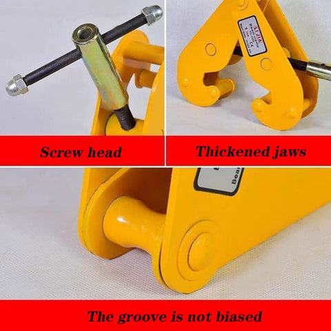 Detailed view of Heavy Duty I Beam Clamp For Sheet Metal Lifting With Top Shelf Steel Build features, showing screw head and thickened jaws.