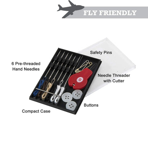 On The Fly Travel Sewing Kit Featuring Six Prethreaded Hand Needles A Sharp Needle Threader Cutter Three Spare Buttons And Two Dependable Safety Pins For Quick Wardrobe Fixes While You Are Out And About in a compact case.
