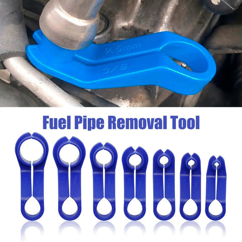 7 Piece Fuel Line Disconnect Tool Set With 1/4 5/16 3/8 1/2 5/8 3/4 7/8 Inch Openings in use on automotive pipe