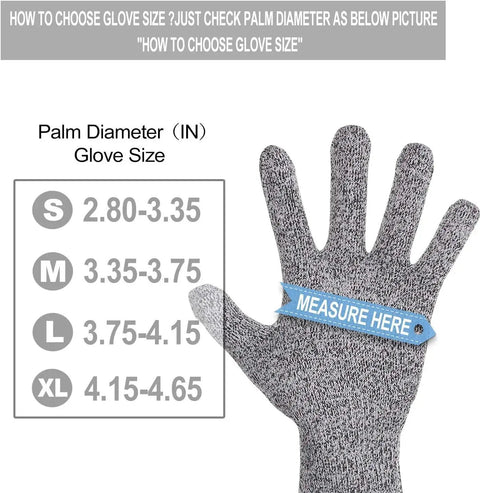 Size chart for 4 Pack Cut Resistant Gloves Level 5 Protection For Kitchen Prep And Food Handling, showing palm measurements.