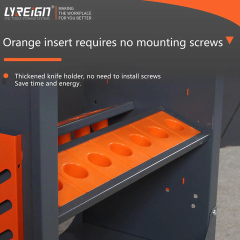 Hella Heavy Duty BT40 CAT40 CNC Tool Holder Transfer Cart With Quick Rollin Wheels And Abs Padding showing orange insert for easy tool storage.
