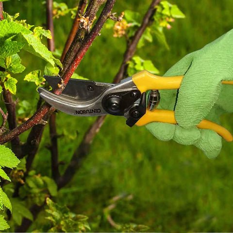 Close-up of pruner from Three Piece Lopper Hedge Shear And Pruner Combo Set cutting shrub branch in garden