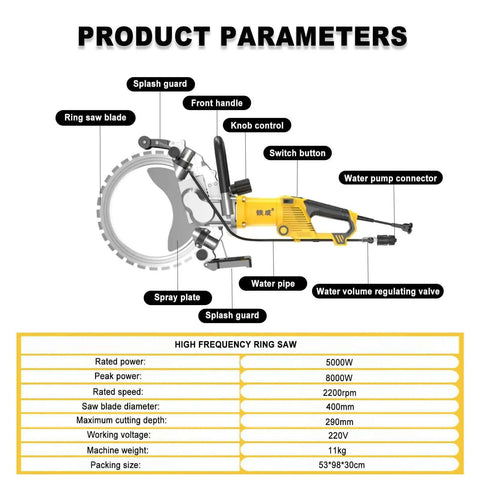 Heavy Duty 5000W Concrete Circular Saw Wall Cutter With 400 Millimeter Blade and Integrated Wet Dust Suppression showing product features and specifications.