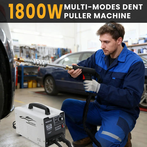 Person using 1.8KW Stud Welder Dent Repair Kit 110V Spot Welder With Slide Hammer And 7 Adjustable Modes in auto shop