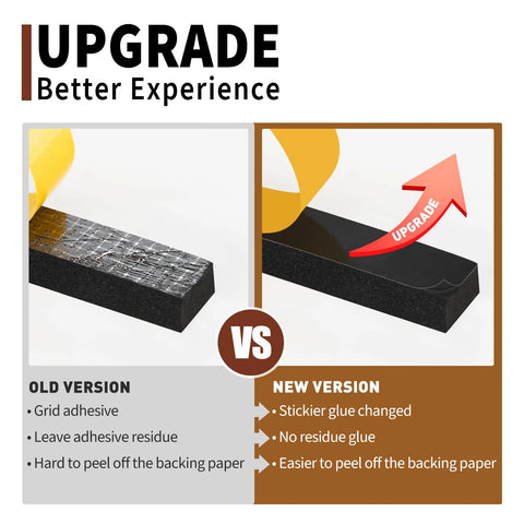Yotache thin foam weather-stripping tape, black foam strip shown with old grid adhesive vs new sticker adhesive.