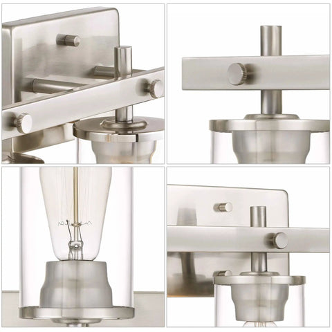 Modern Farmhouse Three Light Vanity Light With Clear Glass Shades In Brushed Nickel for Bathroom close-up details