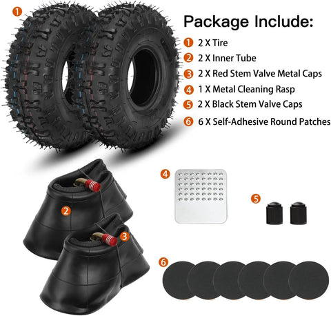 2 Pack 4.10/3.50-4 Tire Inner Tubes With Bent Valve Stem For Lawn Mowers Hand Trucks, shown with patch kit and valve caps