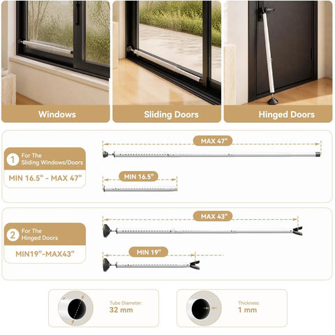 2-In-1 Door And Window Security Bar Locks It Down With Anti-Theft Blocker For Sliding Glass Patio Doors Plus Windows Adjustable Heavy Duty Slide Jammer displayed on sliding doors and windows with detailed measurements.