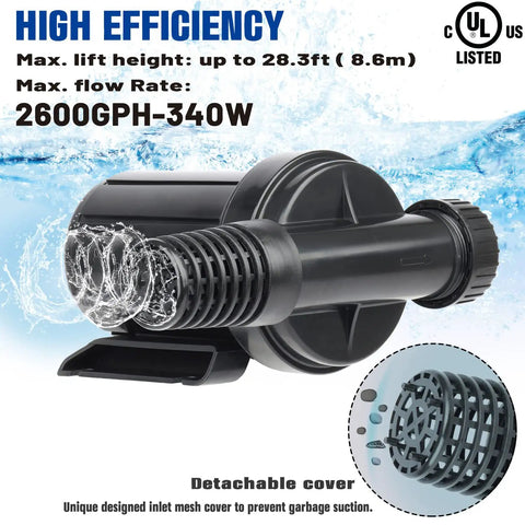 2600GPH Pond Pump For Outdoor Use Submersible Or Inline High Head Water Pump for garden waterfall with detachable cover