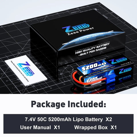 Hard Case 2S 5200mAh 7.4V 50C Lipo Battery With EC5 Plug For 1 Eighth And 1 Tenth RC Cars Buggies And Truggies Dual Pack, package with components