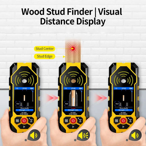 Heavy Duty 4 In 1 Stud Finder Wall Scanner With Digital Hd Screen showing distance display for locating wood studs.