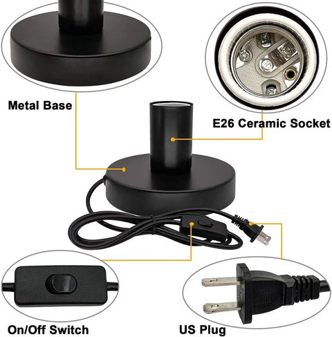 Industrial Desk Lamp Base With Ceramic Holder E26 E27 Compact Old School Vintage Edison Style Small Desk Light For Home Office Decor Plug In Cord With On Off Switch Bulb Not Included Space Saving Nightstand Lamp showing metal base, E26 socket, and US plug