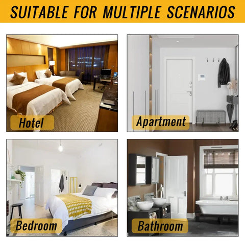 Four scenarios for Built Tough Door Security Lock Zinc Alloy Reinforcer Plate Kick Proof Privacy Latch: hotel, apartment, bedroom, and bathroom.