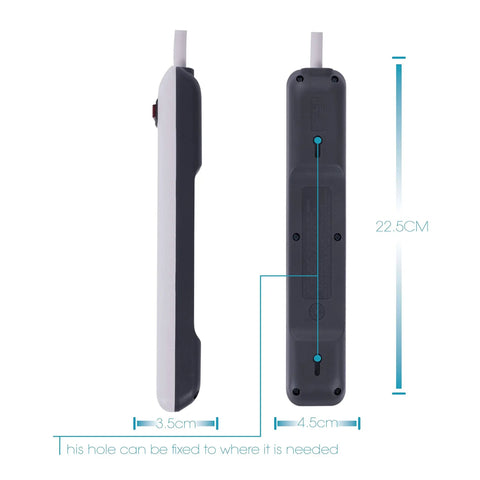 Side and back view of Six-Outlet Power Strip 3-Pack With Overload Protection And 3-Foot Cord White Back-Mount Holes