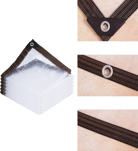 Clear Poly Tarp 10x13 Heavy Duty with Grommets for outdoor use, detailed view showing reinforced corners and stitching.