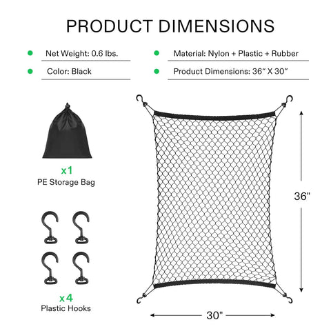 Heavy Duty Nylon Cargo Net For Garden And Folding Wagons Measures 36 By 30 Inches with plastic hooks and storage bag.