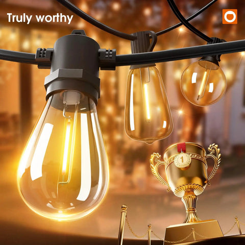 Energy Saving Led Outdoor String Lights With Edison Shatterproof Bulbs, Weatherproof Strand, close-up of glowing bulbs and black cable