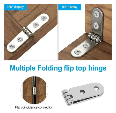 180 Degree Foldable Screw On Hinge With Flap Design shown installed on wooden box at 90 and 180 degrees