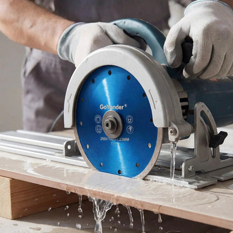 Heavy Duty 4.5 Inch Diamond Tile Blade Delivers Dope Precision Cuts On Porcelain Granite And Marble With Slick Wet Or Dry Grind Operation Rock Solid Dual Arbor Fit Pro Quality Upgrade in use on a cutting machine.