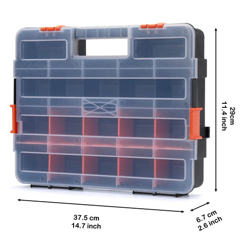 Interlocking Tool Box Organizer Two Piece Set With Removable Dividers For Small Parts Fasteners And Crafts Black Durable Plastic Case With Secure Latch Keeps Tools And Contents In Place.