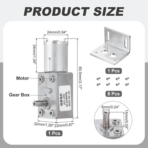 Heavy Duty DC Six Volt Worm Gear Motor Providing Ninety Rpm Low Speed And Beefy High Torque Via Fourteen Millimeter D Shaft Self Locking Design Made For Car Mods Home Tech And Robot Kits Includes Mounting Bracket And Screws For Fast Install Anytime, showing detailed product measurement.