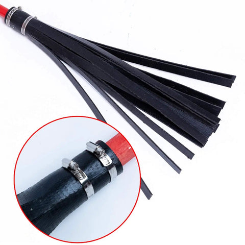 Close-up of No Sweat Heavy Duty Red Rubber Fire Mop Broom with black rubber strips and stainless steel clamps on handle.