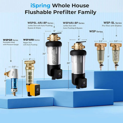 iSpring whole house sediment water filter family display showcasing flushable prefilter series